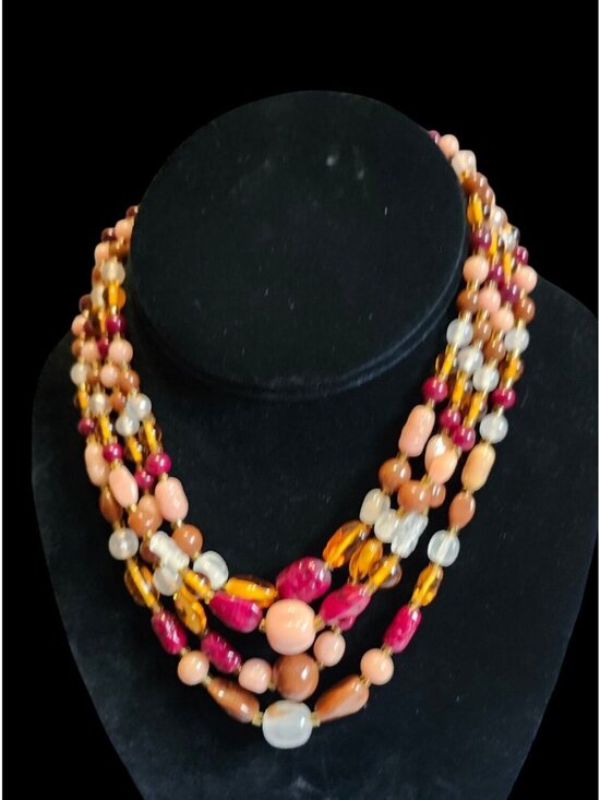 Jewelry - Vintage Multi-Strand Amber Burgundy Cream Beaded Necklace Statement Jewelry